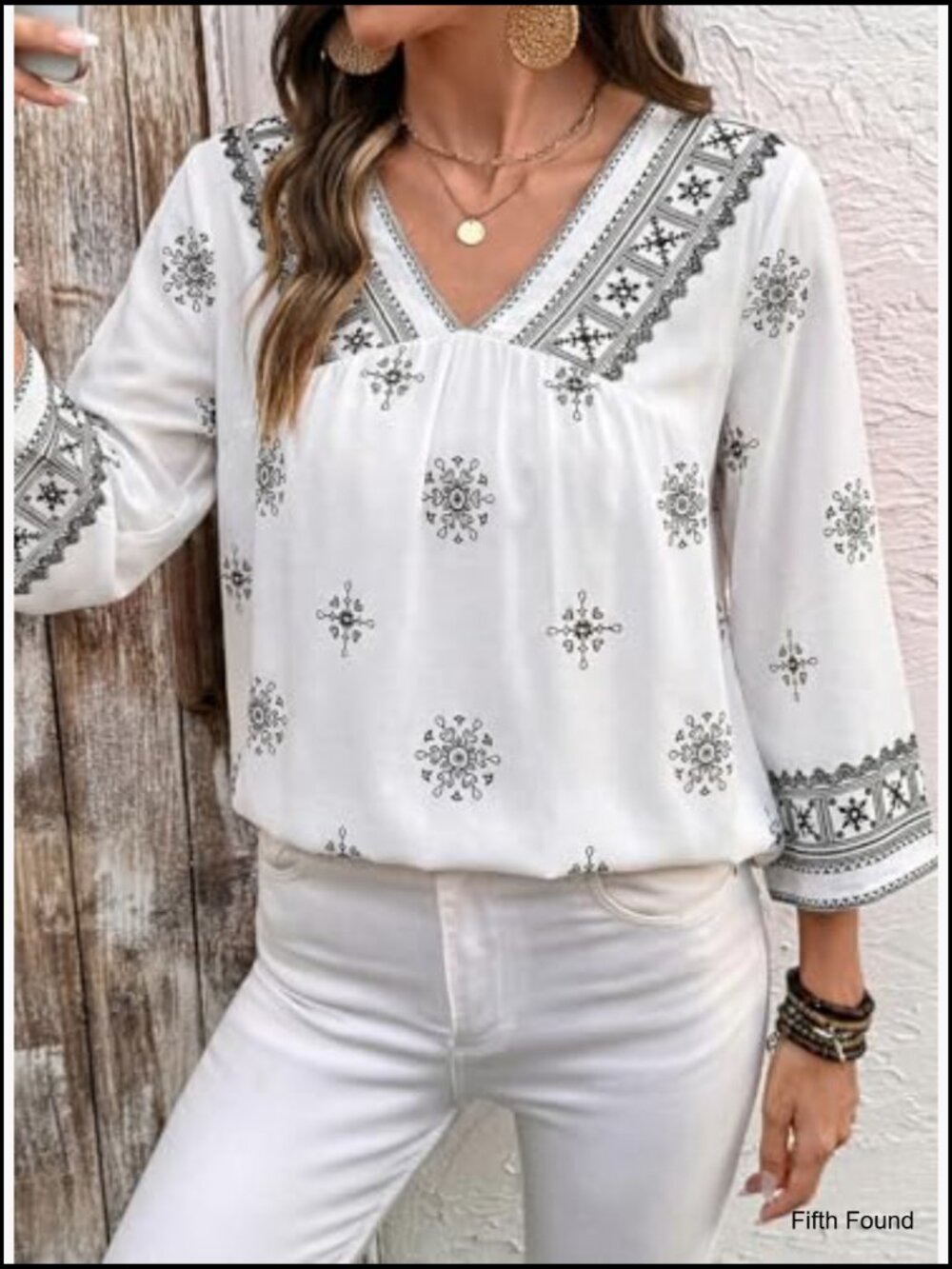 Womens Retro Print V Neck 3/4 Sleeve Boho Vacation Blouse Shirt - Picture 2 of 7